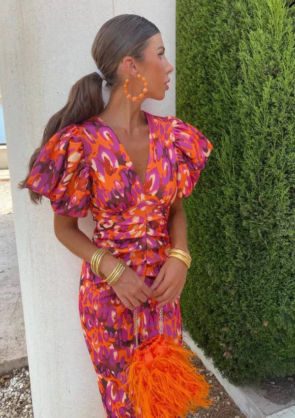 Arielle™ | Vestito Midi Colorato per Donne con Maniche Plissettate