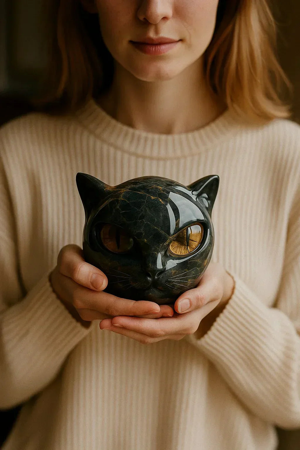 NyxCharm - Scultura Testa di Gatto Nera Mistica