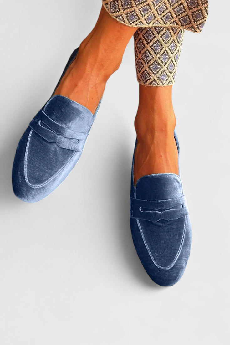 Llnica Mocassini in Velluto Blu con Dettagli Patchwork e Punta Rotonda