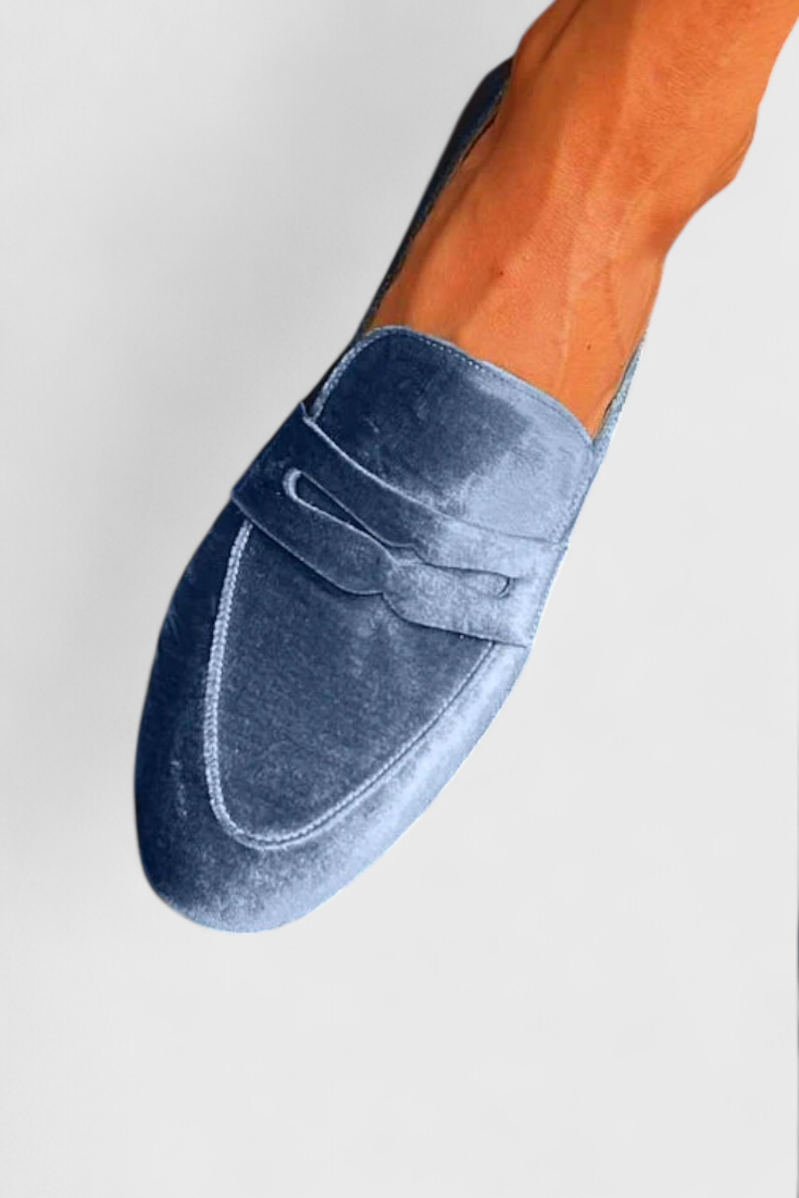 Llnica Mocassini in Velluto Blu con Dettagli Patchwork e Punta Rotonda